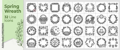32 Spring Wreath Line Icons and Floral Frame Elements. Bold Vector Illustration featuring Flowers, Birds, Gardening Tools, Insects, and Nature Symbols for Seasonal Design, Crafts, and Decor.