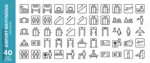 40 Airport Wayfinding and Travel Screening Line Icons Set with Baggage Claim, Security Checkpoint, Boarding Pass, Passport Control, Elevator, Stairs, Restroom, and Flight Information Symbols.