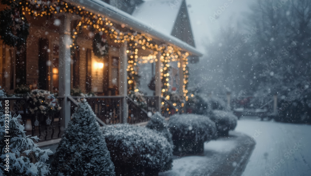 Fototapeta premium Cozy snow covered porch with warm string lights and festive garland creating peaceful holiday