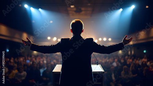 Inspiring Orator on Stage: An impressive orator captivates the audience with his impactful words, silhouetted against a stage bathed in dramatic lighting.