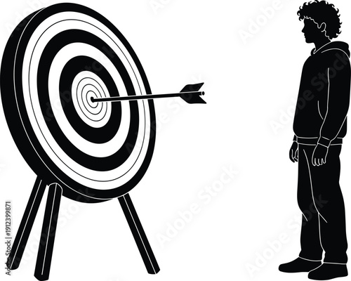 Business target achievement concept illustration showing man facing bullseye with arrow symbolizing goals focus accuracy strategy and success isolated on white background for motivation design