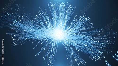 Abstract Glowing Neural Network with Pulsating Light Forming Connections and Pathways in Dark Blue Scientific Background