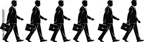 Businessman walking silhouette sequence showing professional man carrying briefcase isolated on white background for corporate career success finance 
