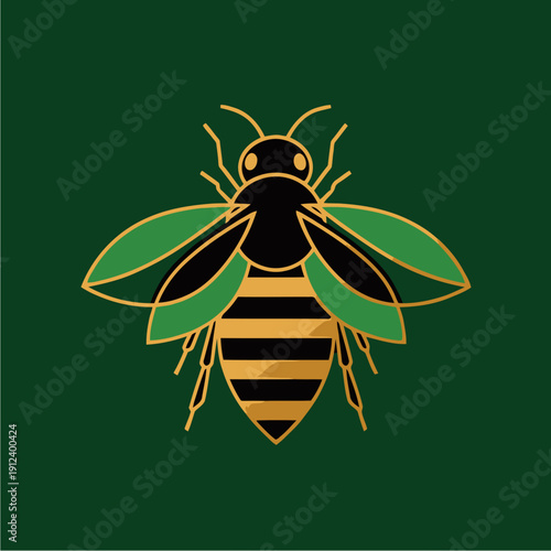 A stylized illustration of a bee with black and yellow stripes and green wings on a dark green background.