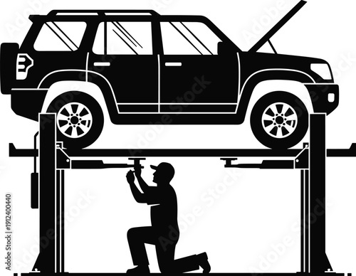 Car mechanic repairing SUV on hydraulic lift in auto service garage, black silhouette automotive maintenance and vehicle inspection concept isolated on gray background