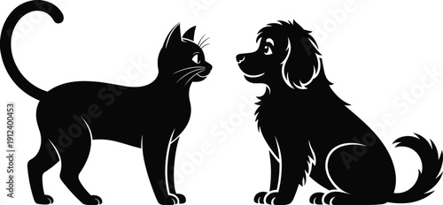 Cat and Dog Silhouette Vector Illustration of Cute Domestic Pets Facing Each Other Isolated on Light Background for Veterinary and Pet Care Design