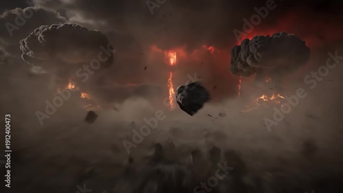 Multiple Nuclear Explosions Erupting in Fiery Mushroom Clouds Against a Dark Stormy Sky