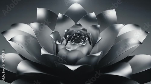 Beautiful Abstract Metallic Lotus Flower Blooming Slowly with Elegant Geometric Petals in Soft Light Serene Floral Bloom