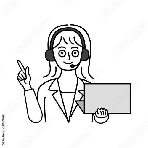 ヘッドセットをつけてPCを持ち指さし説明するスーツ姿の女性の線画イラスト