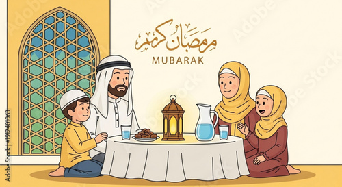 Happy muslim family sharing ramadan mubarak meal together at home with traditional food and drink