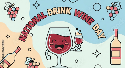 Wine glasses and bottles celebrate national drink wine day with cartoonish charm and colorful decorations