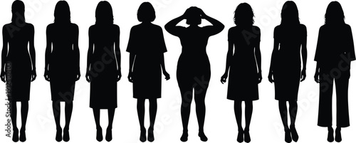 Silhouette collection of diverse human body shapes and postures, standing figures in variation, representing diversity, fashion, lifestyle, and identity.
