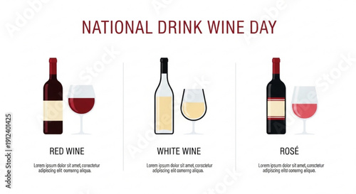 National drink wine day with red white and rose wine bottles and glasses