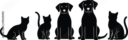 Silhouettes of cats and dogs sitting together in row, representing pets, animals, companionship, domestic life, friendship, and cartoon artwork.