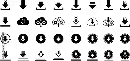 Download arrow icons collection, vector UI symbols set for web apps, cloud storage, software update, loading, transfer, interface design, navigation buttons graphics