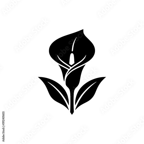 Calla Lily Flower Silhouette Vector Icon with Leaves
