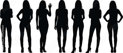 Vector illustration of female silhouettes in various standing poses, body language design elements, artistic outline for creative projects and concepts