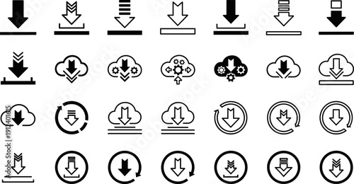 Download icon set, black arrows and cloud symbols for data transfer, update, sync, storage, UI interface, vector illustration collection