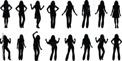 Vector illustration of human silhouettes in diverse standing and dancing poses, artistic body language design elements for creative projects and concepts