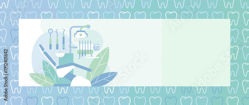Panoramic vector banner illustration of a dental clinic featuring a modern dental chair, medical tools, and green leaves on a light background with tooth outlines border and copy space for text.