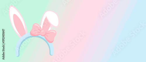 Panoramic vector illustration of a cute bunny ear headband with a pink bow on a soft pastel gradient background. Minimalist banner for Easter, spring celebrations, and festive holiday designs.
