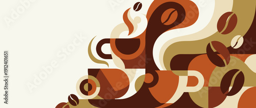 Abstract Geometric Coffee Shop Banner Illustration with Stylized Espresso Cups, Roasted Beans, and Swirling Steam in Earthy Brown Tones, Modern Minimalist Vector Background with Copy Space