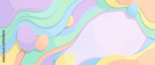 Panoramic vector banner illustration of a modern abstract Easter background with paper cut out wavy layers and colorful eggs in pastel colors. Ideal for spring holiday greeting cards and ads.