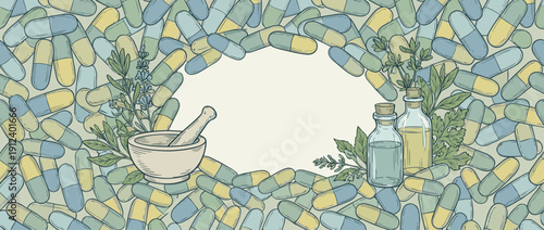 Panoramic vector banner illustration of a pharmacy background featuring blue and yellow capsules, mortar and pestle, herbal medicine bottles, and copy space for natural healthcare and wellness.