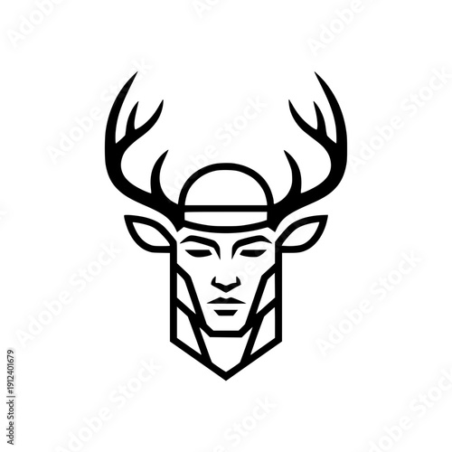 Masculine man head with deer antlers minimalist line art logo.