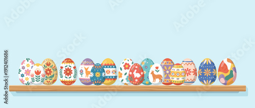 Panoramic Vector Banner Illustration of Colorful Decorated Easter Eggs with Folk Art Patterns, Flowers, Rabbits, and Deer Lined Up on a Wooden Shelf Against a Clean Light Blue Background