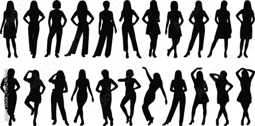 Vector illustration of women fashion silhouettes in diverse poses and outfits including dresses, skirts, pants, showcasing style and elegance