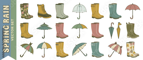 Retro Vector Icon Set of 20 Spring Rain Boots and Umbrellas in Muted Tones. Vintage Style Collection of Wellington Boots, Duck Boots, and Decorative Umbrellas for Rainy Weather and Outdoor Fashion.