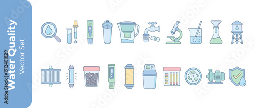 Vector icon set of 20 water quality testing and filtration icons in a flat design pastel palette. Features laboratory equipment, purification systems, pH meters, and safety symbols for analysis and