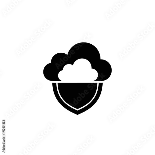Black shield with cloud protection symbol icon.