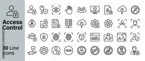 Set of 30 Access Control and Permissions Line Icons Featuring Security Authentication Biometric User Roles Lock Key Cloud Server Password ID Card Fingerprint Face Recognition Authorization