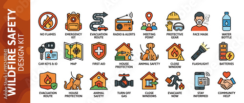 Wildfire Safety Design Kit Featuring 24 Vector Icons for Emergency Evacuation, Fire Prevention, Disaster Preparedness, First Aid, Protective Gear, Animal Safety, and Community Support Symbols.