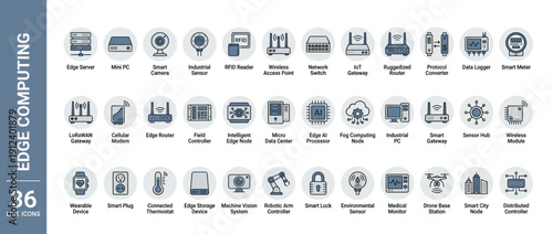36 Edge Computing and IoT Gateway Line Icons Set featuring Vector Symbols for Edge Server, Industrial Sensor, AI Processor, Fog Computing, Smart Meter, Network Switch, and Connected IoT Devices.