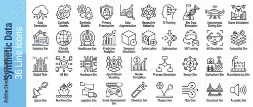 Comprehensive Set of 36 Synthetic Data and Simulation Line Icons for AI Training, Digital Twin, Autonomous Driving, Robotics, Climate Modeling, Healthcare, VR, AR, and Generative Networks.