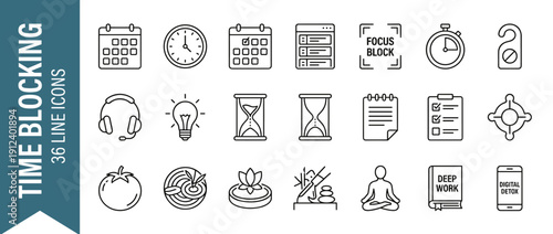 Minimalist line icon set for time blocking and deep focus productivity. Features calendar, clock, hourglass, Pomodoro technique, meditation, digital detox, and task management tools for work.
