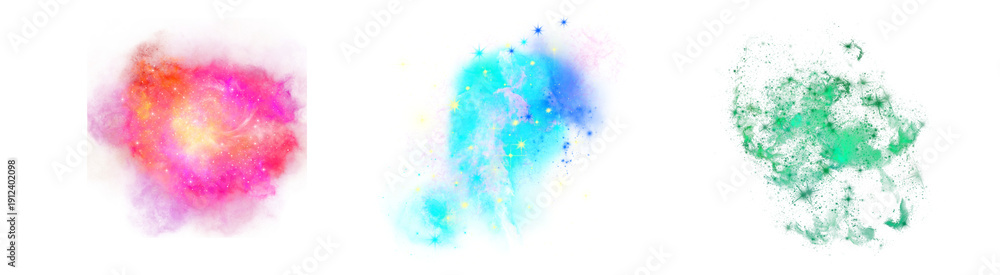 Fototapeta premium PNG image of Three colorful cosmic nebula formations showing vibrant gas clouds and distant twinkling stars on transparent background