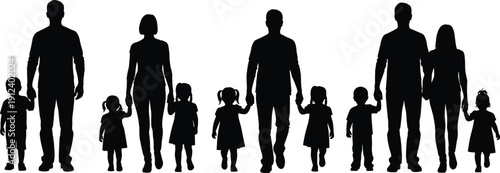 Vector silhouettes of families with parents and children holding hands, symbolizing unity, love, parenting, lifestyle, diversity, care, and togetherness