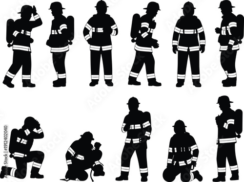 Vector silhouettes of firefighters in protective gear with helmets and breathing apparatus showing various emergency response poses for safety illustration