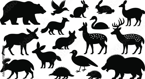 Wildlife animal silhouettes collection featuring bear, deer, fox, rabbits, birds, swan, moose, goat, boar, porcupine, duck