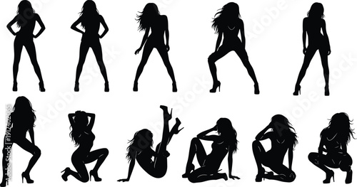 Vector silhouettes of women in diverse poses and gestures with high heels, showcasing fashion, elegance, lifestyle, artwork, design, and beauty