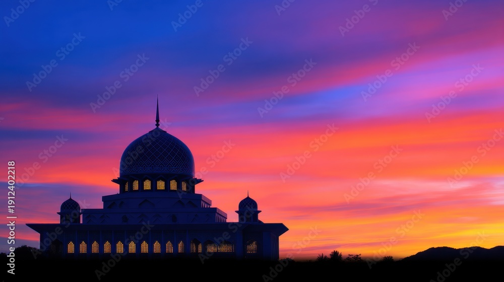 Obraz premium Silhouette of a domed monumental structure against a vibrant sunset sky with orange and purple clouds at dusk