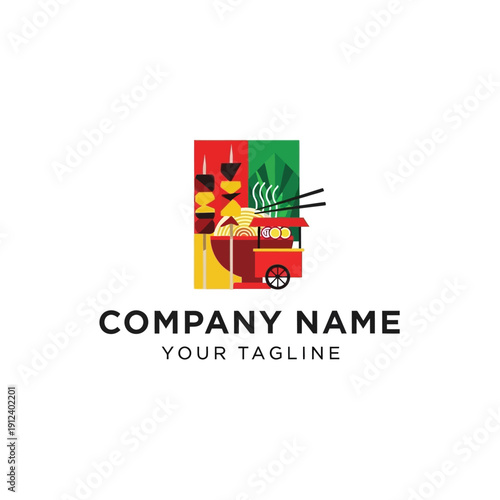 Colorful Food Cart with Skewers and Noodles.