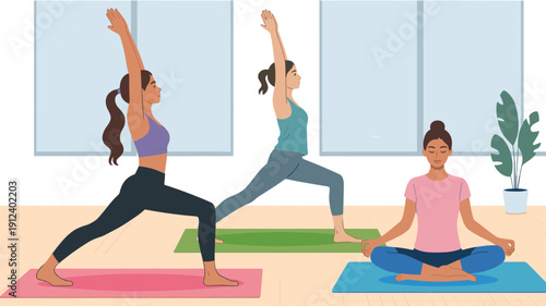 Yoga class illustration with people practicing poses and meditation on mats in bright studio, wellness exercise and mindfulness lifestyle concept