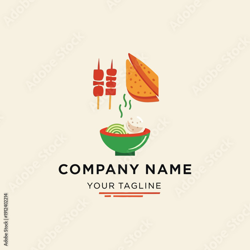 Delicious Food Logo Design Featuring Skewers Noodles and Sandwich.