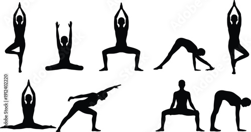 Yoga silhouette vector illustration featuring diverse poses, balance, flexibility, meditation, fitness exercise, mindfulness practice, healthy lifestyle, body posture design