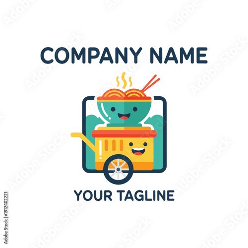 Cute Noodle Cart Character with Smiling Face and Food Bowl.